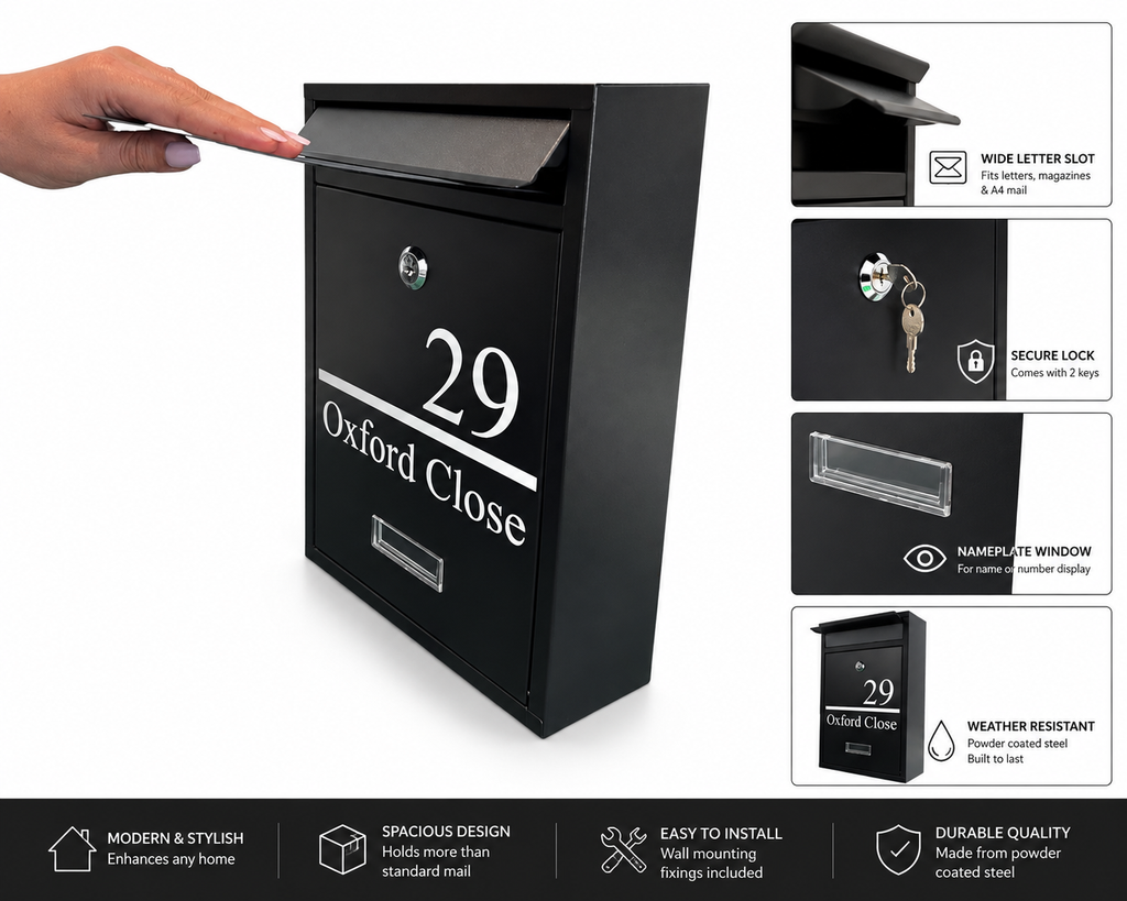 Personalised Black Steel Wall Mounted Post Box
