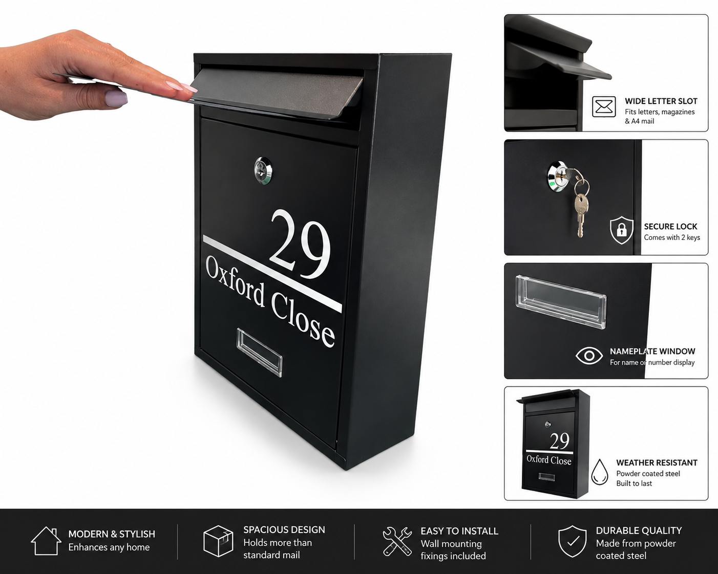 Personalised Black Steel Wall Mounted Post Box