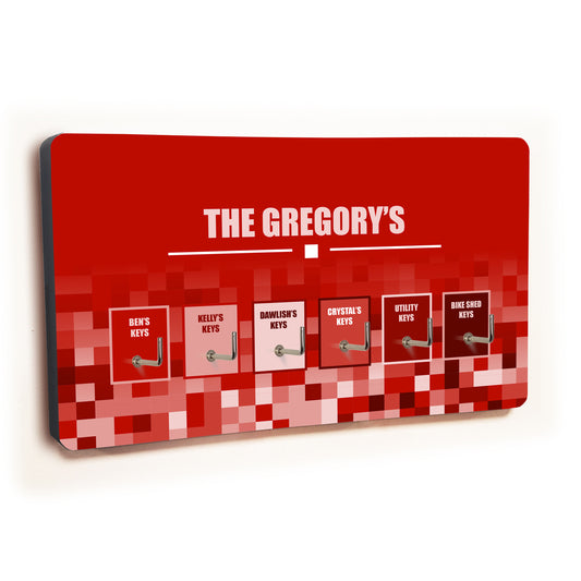 Personalised Novelty 6 hook key holder - Red Squares Image 1