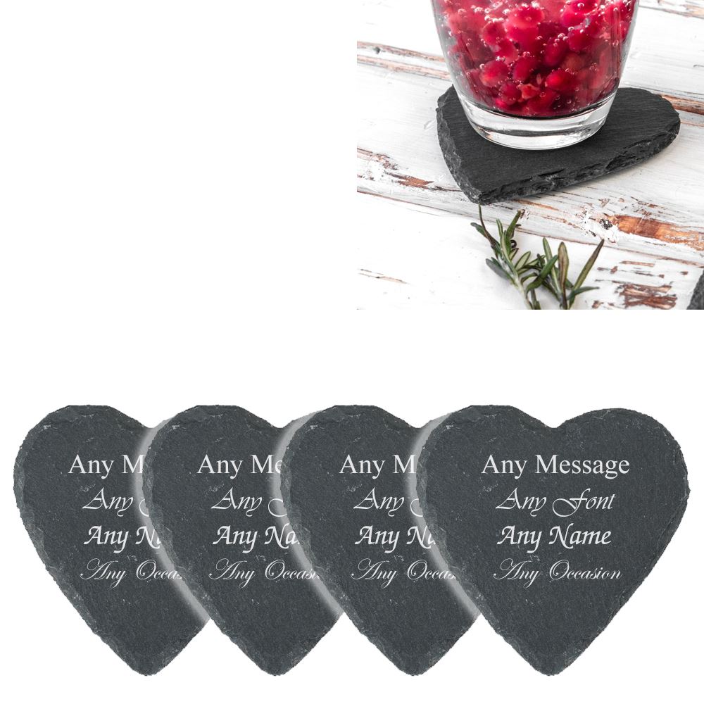 Engraved Set of 4 Heart Shape Slate Coasters Image 2