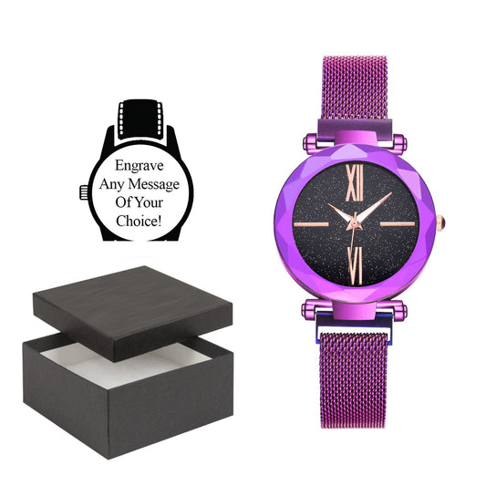 Personalised Engraved Watch Star Sky Rhinestone Dial Purple Mesh Strap With Black Face Image 1