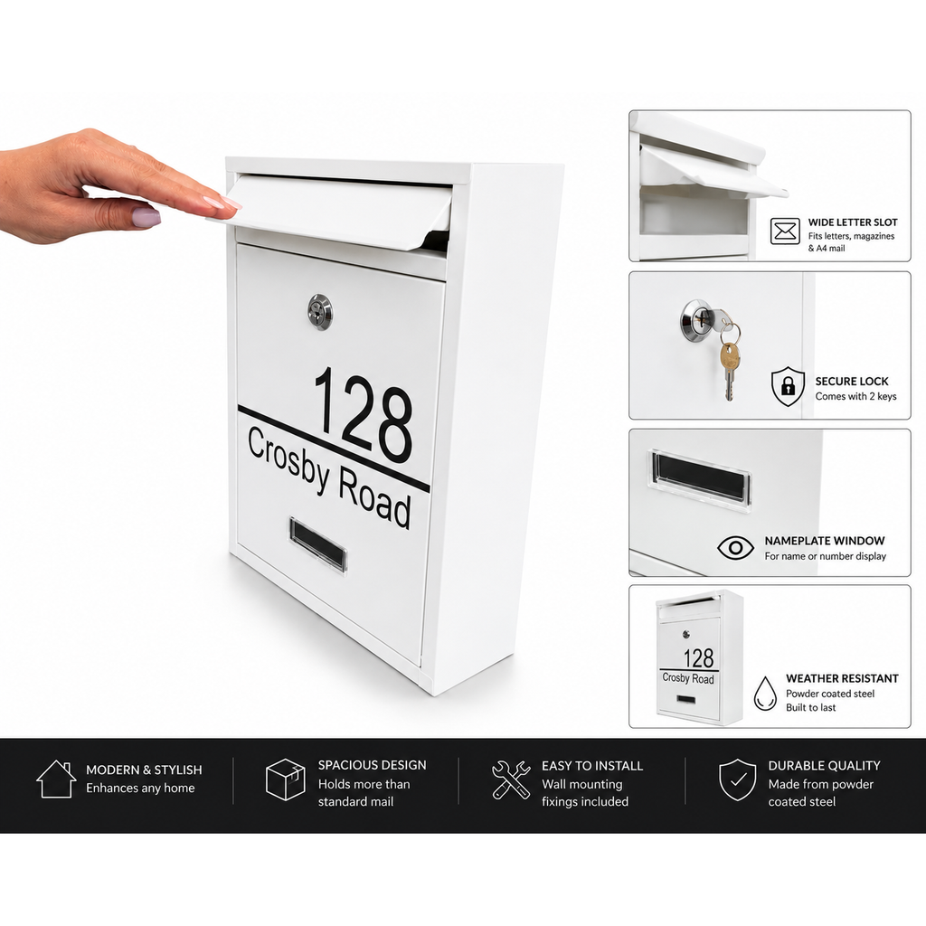 Personalised White Steel Wall Mounted Post Box