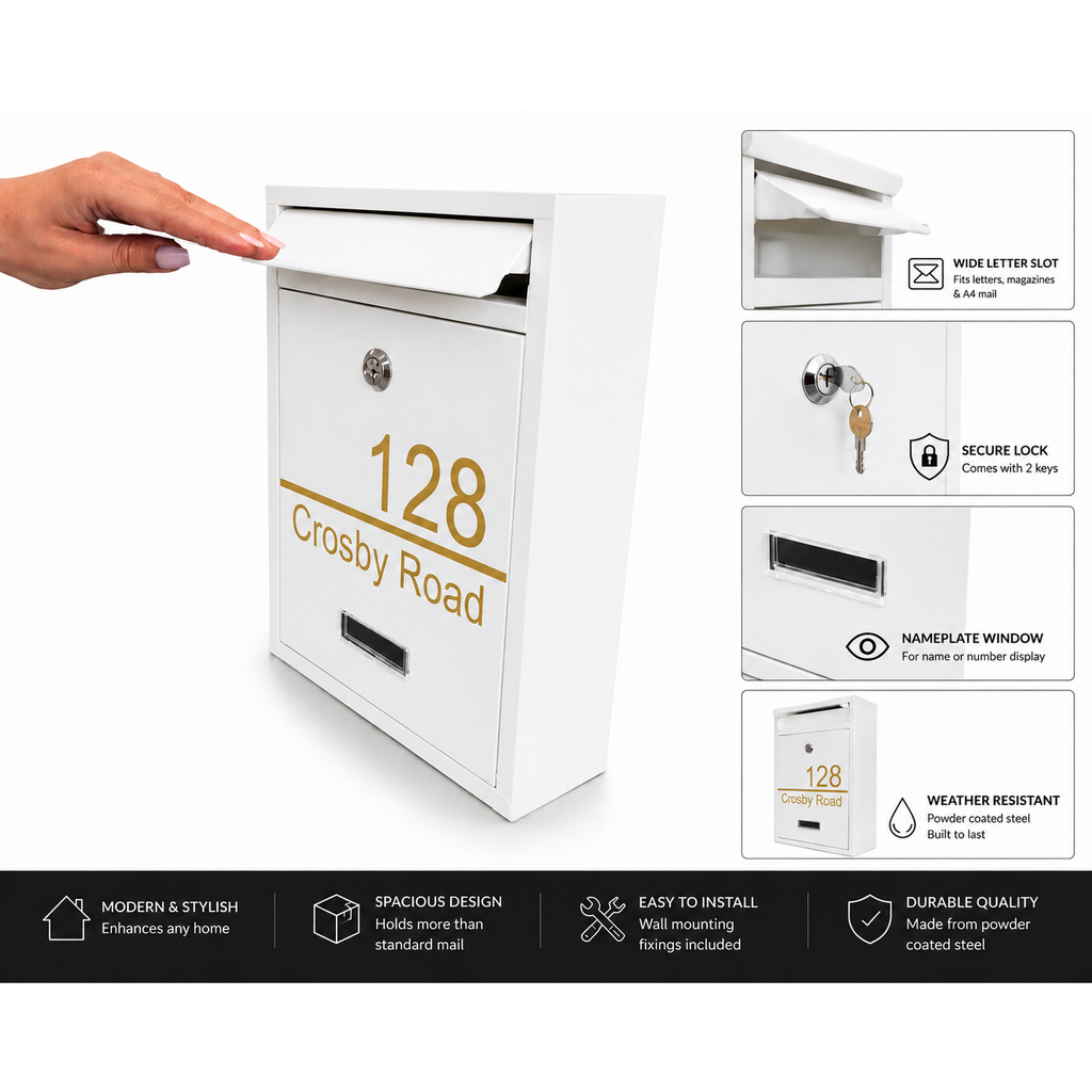 Personalised White Steel Wall Mounted Post Box