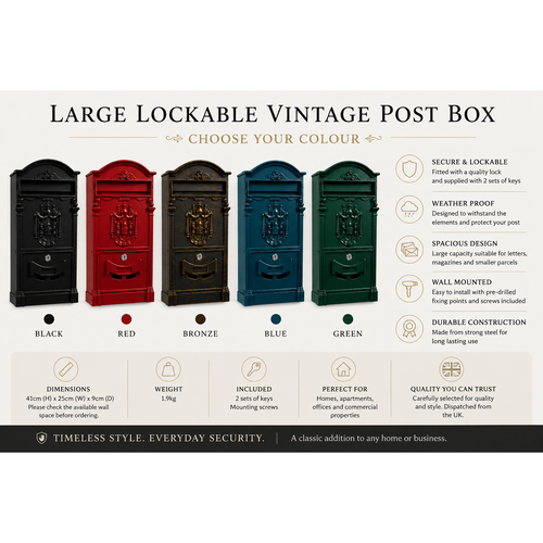 Large Lockable Vintage Post Box Multiple Colours