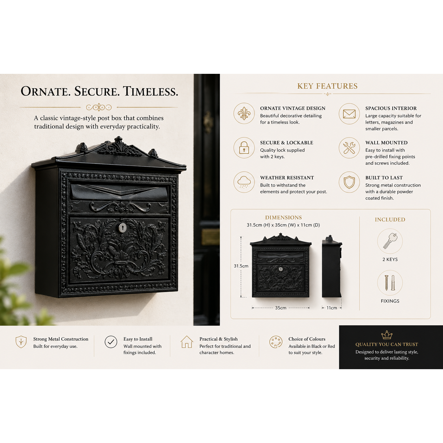 Lockable Metal Post Box | Vintage Ornate Design | Multiple Colours
