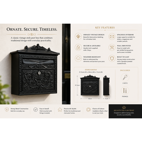 Lockable Metal Post Box | Vintage Ornate Design | Multiple Colours