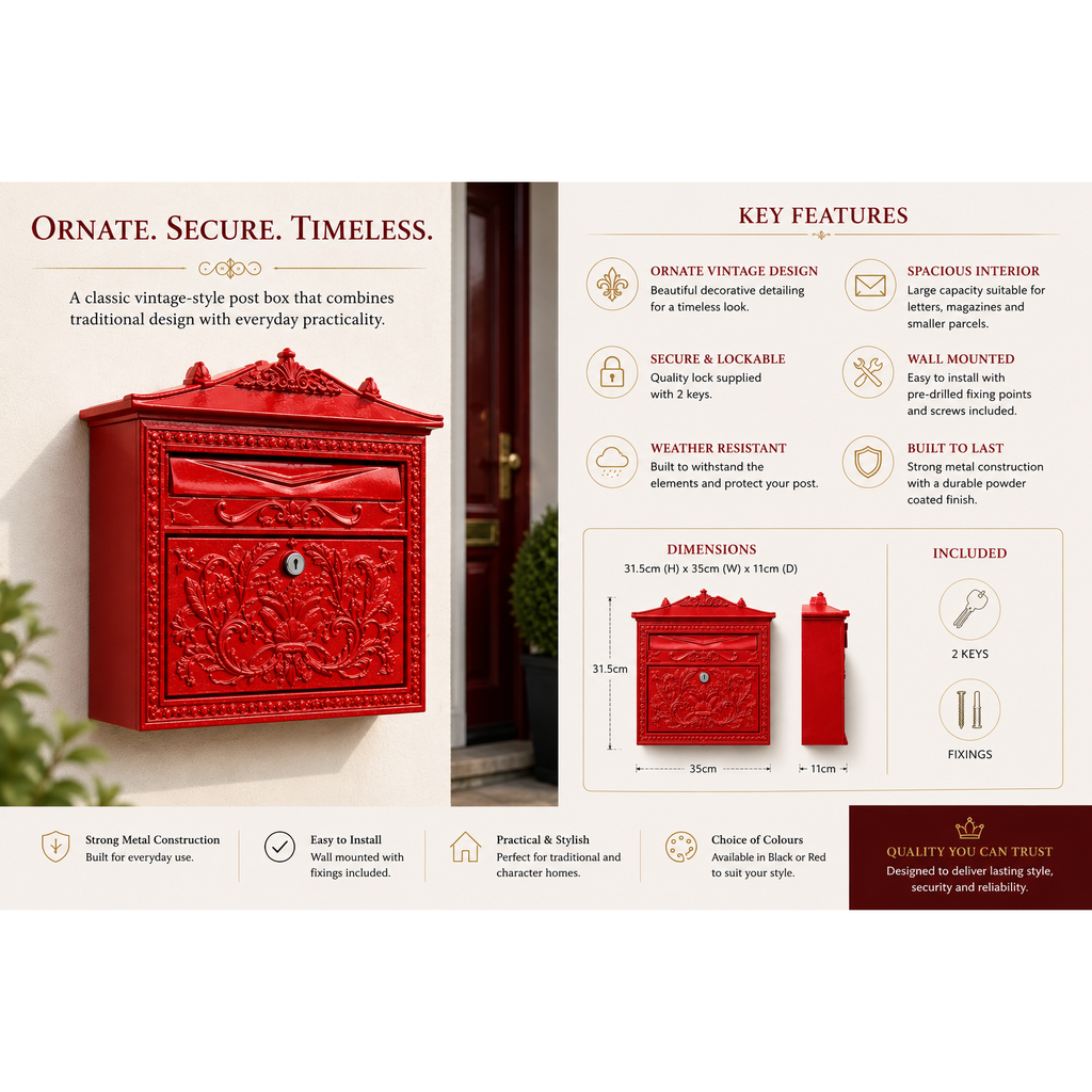 Lockable Metal Post Box | Vintage Ornate Design | Multiple Colours