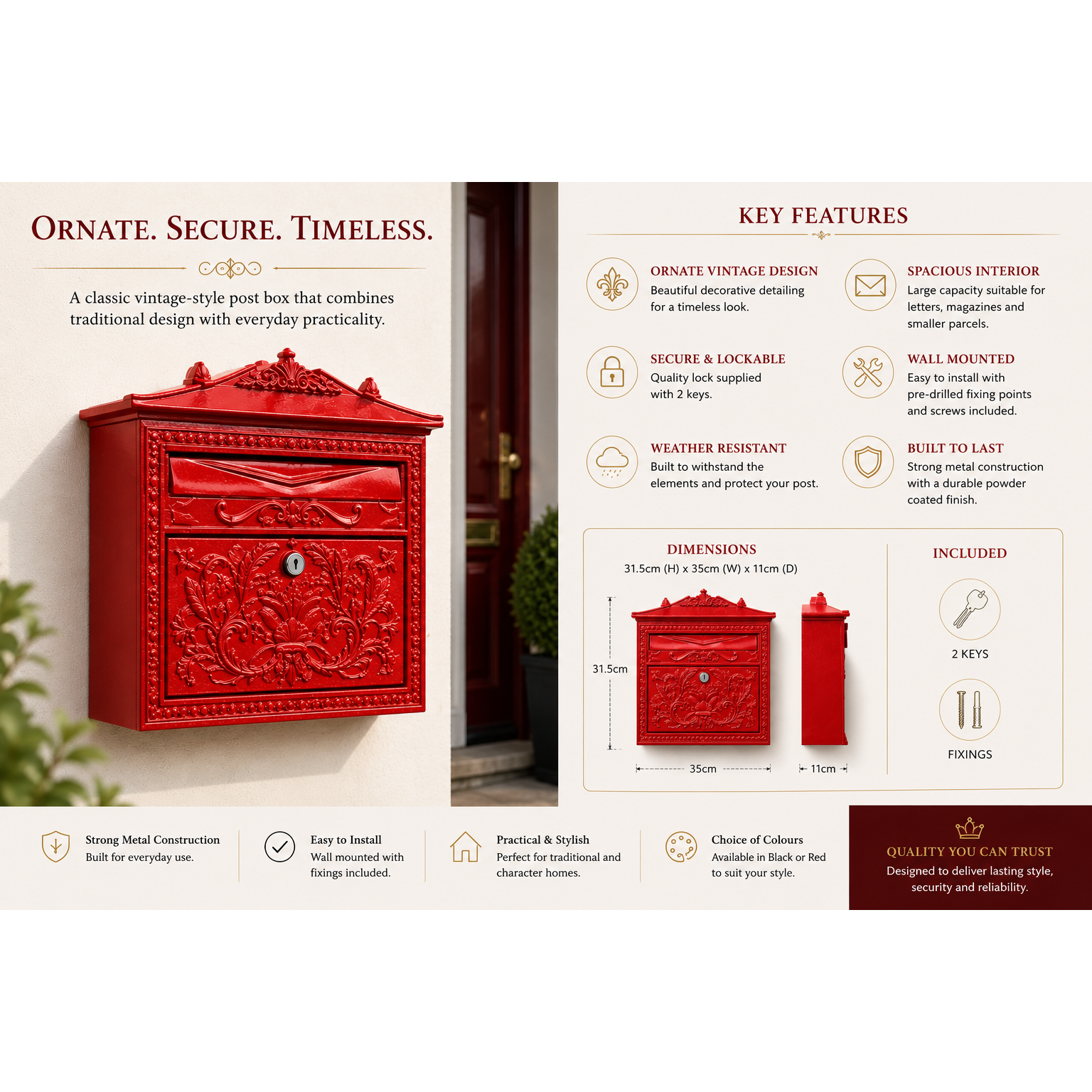 Lockable Metal Post Box | Vintage Ornate Design | Multiple Colours