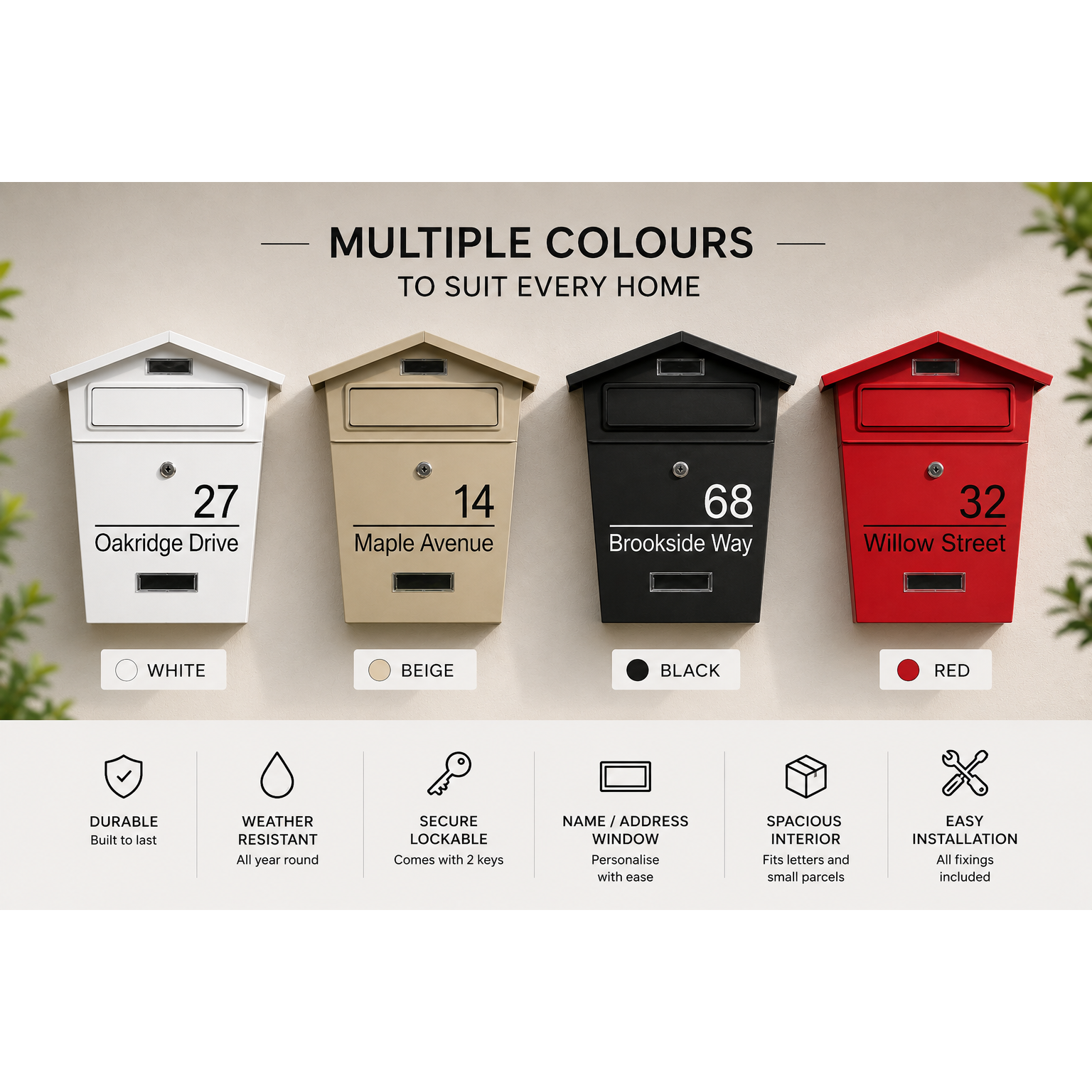 Modern Wall Mounted Mailbox | Personalised Secure Post Box | Multiple Colours