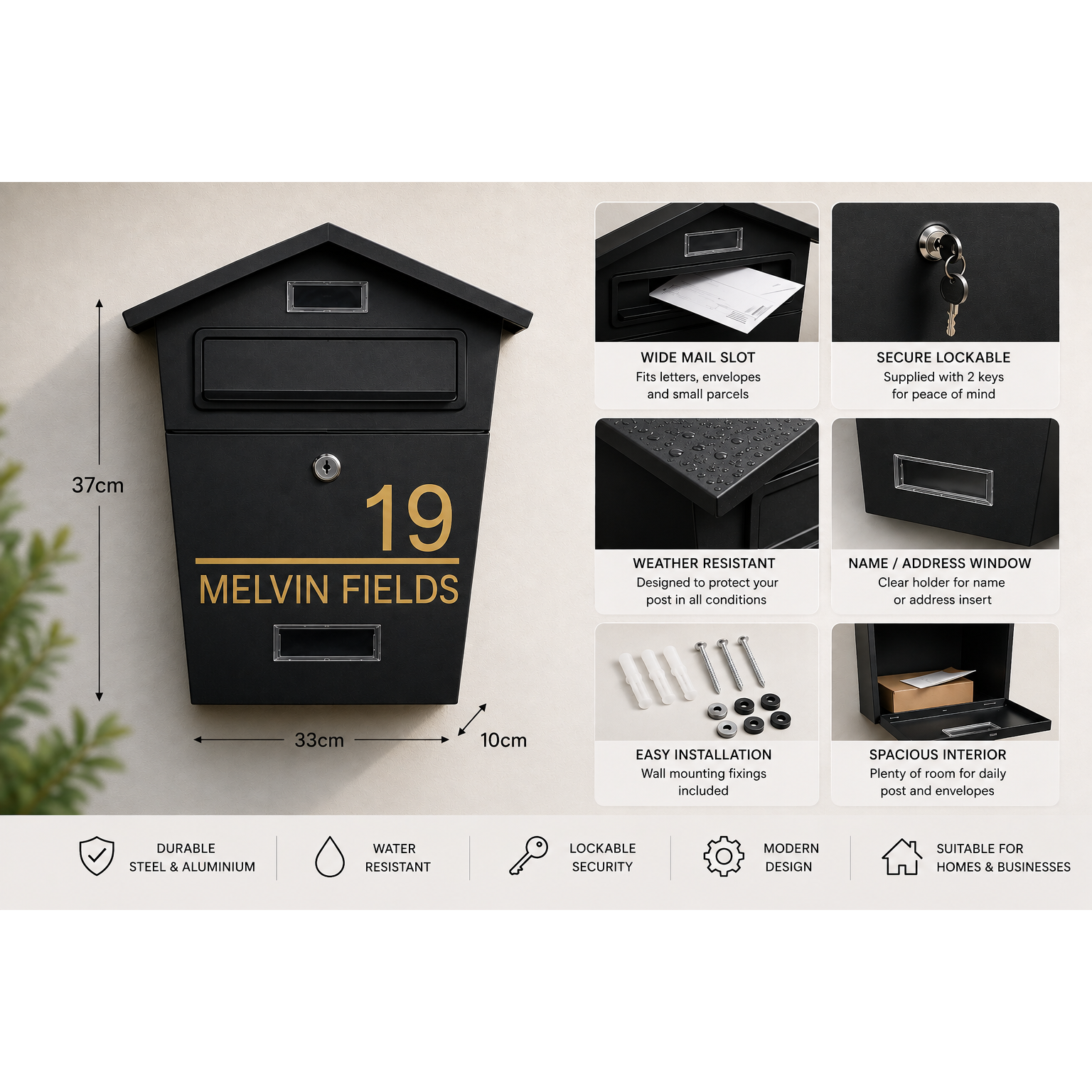 Modern Wall Mounted Mailbox | Personalised Secure Post Box | Multiple Colours