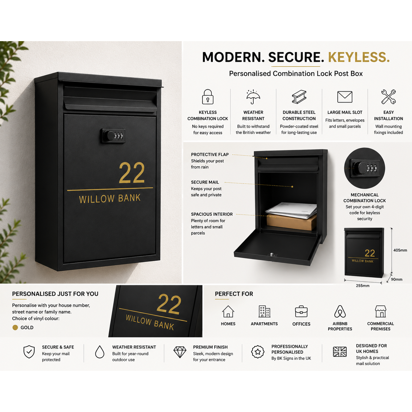 Personalised Keyless Combination Lock Post Box | Modern Wall Mounted Mailbox