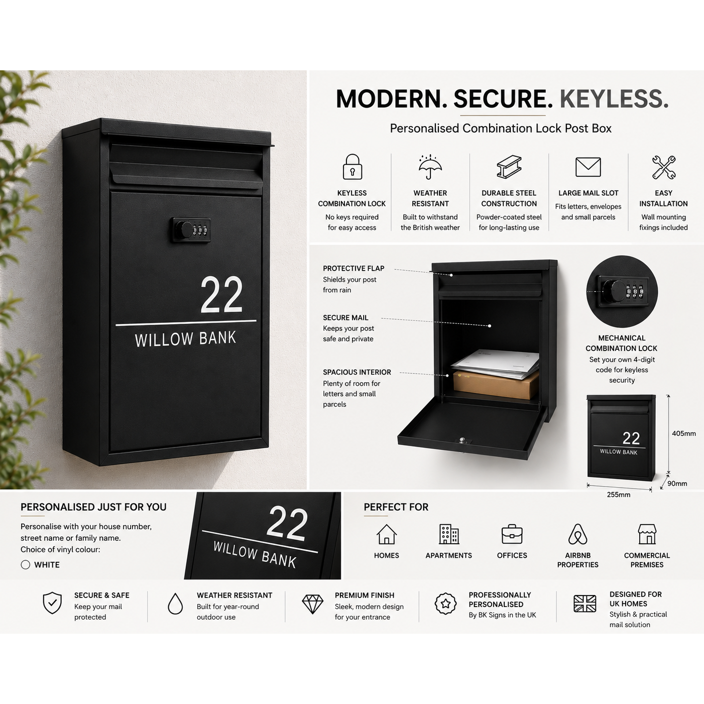 Personalised Keyless Combination Lock Post Box | Modern Wall Mounted Mailbox