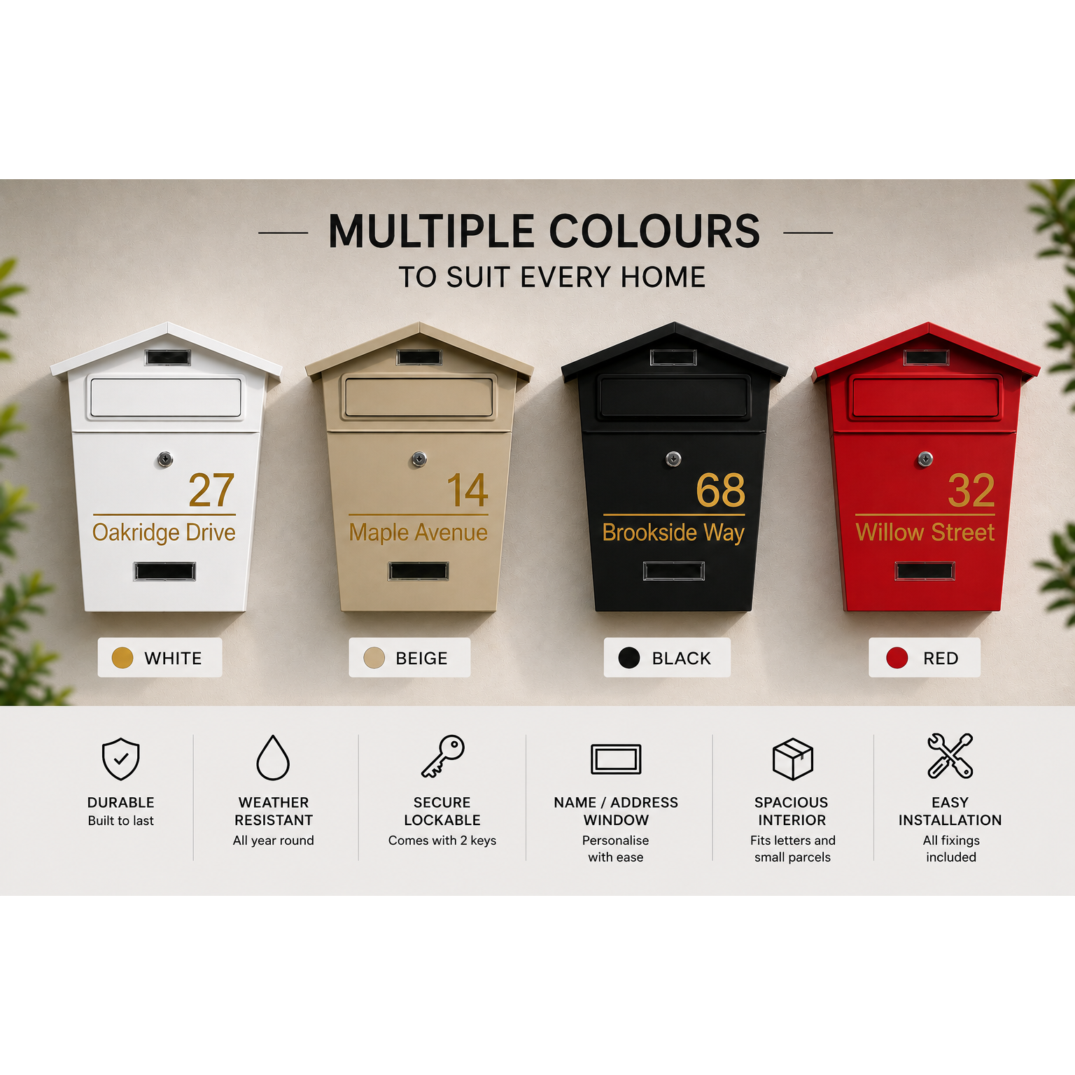 Modern Wall Mounted Mailbox | Personalised Secure Post Box | Multiple Colours