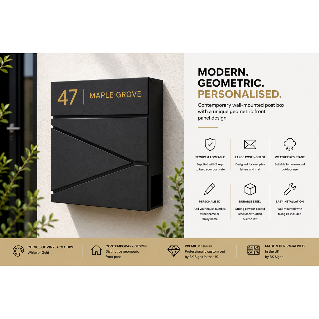 Personalised Modern Geometric Wall Mounted Post Box | Contemporary Lockable Mailbox