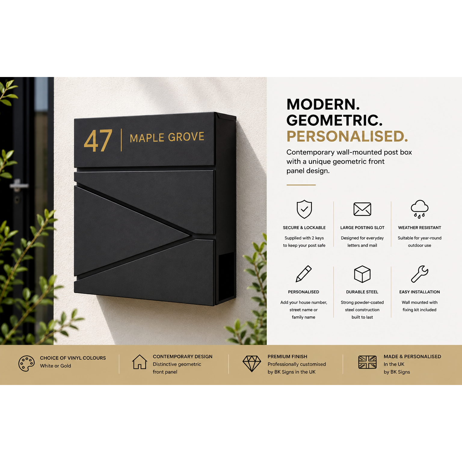 Personalised Modern Geometric Wall Mounted Post Box | Contemporary Lockable Mailbox