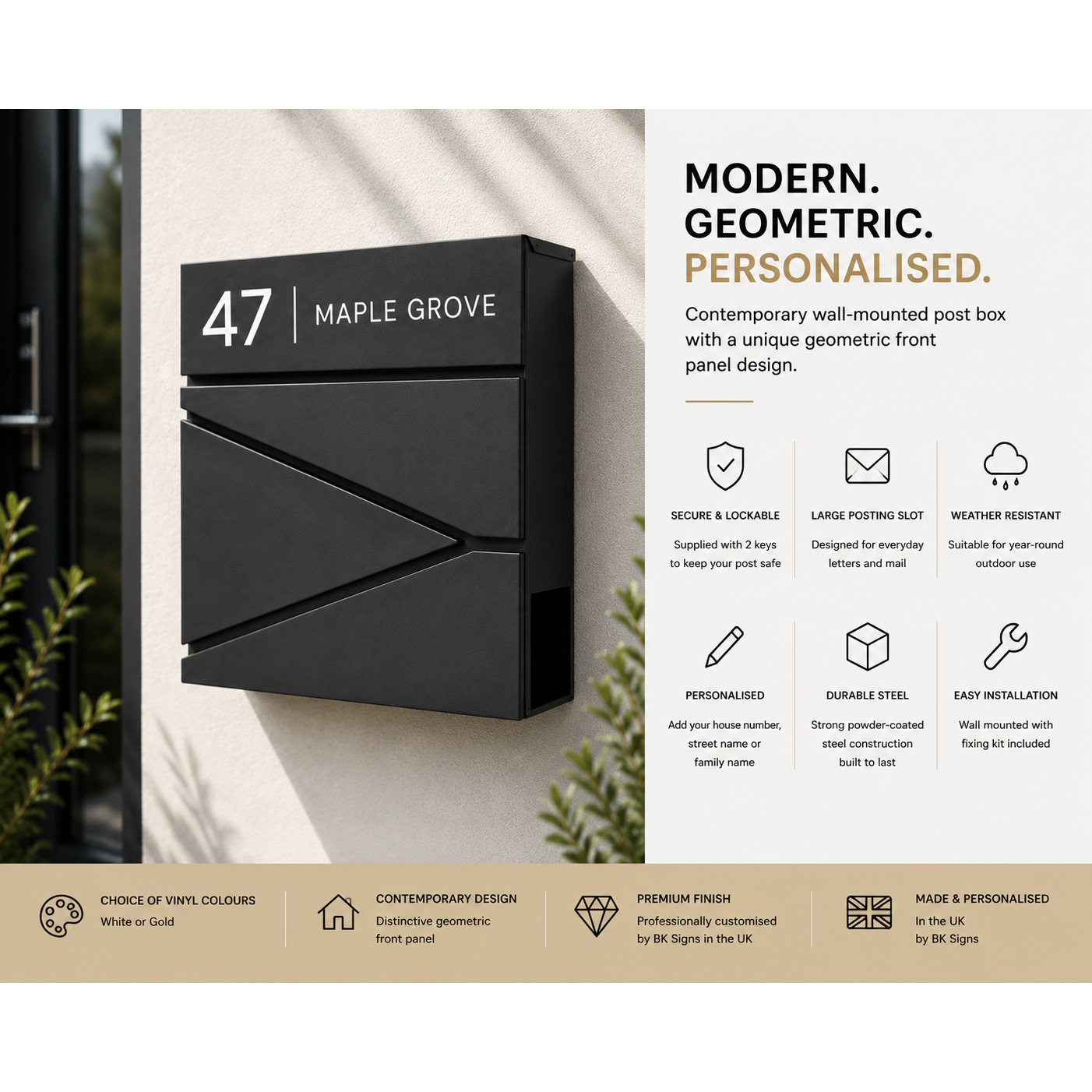 Personalised Modern Geometric Wall Mounted Post Box | Contemporary Lockable Mailbox