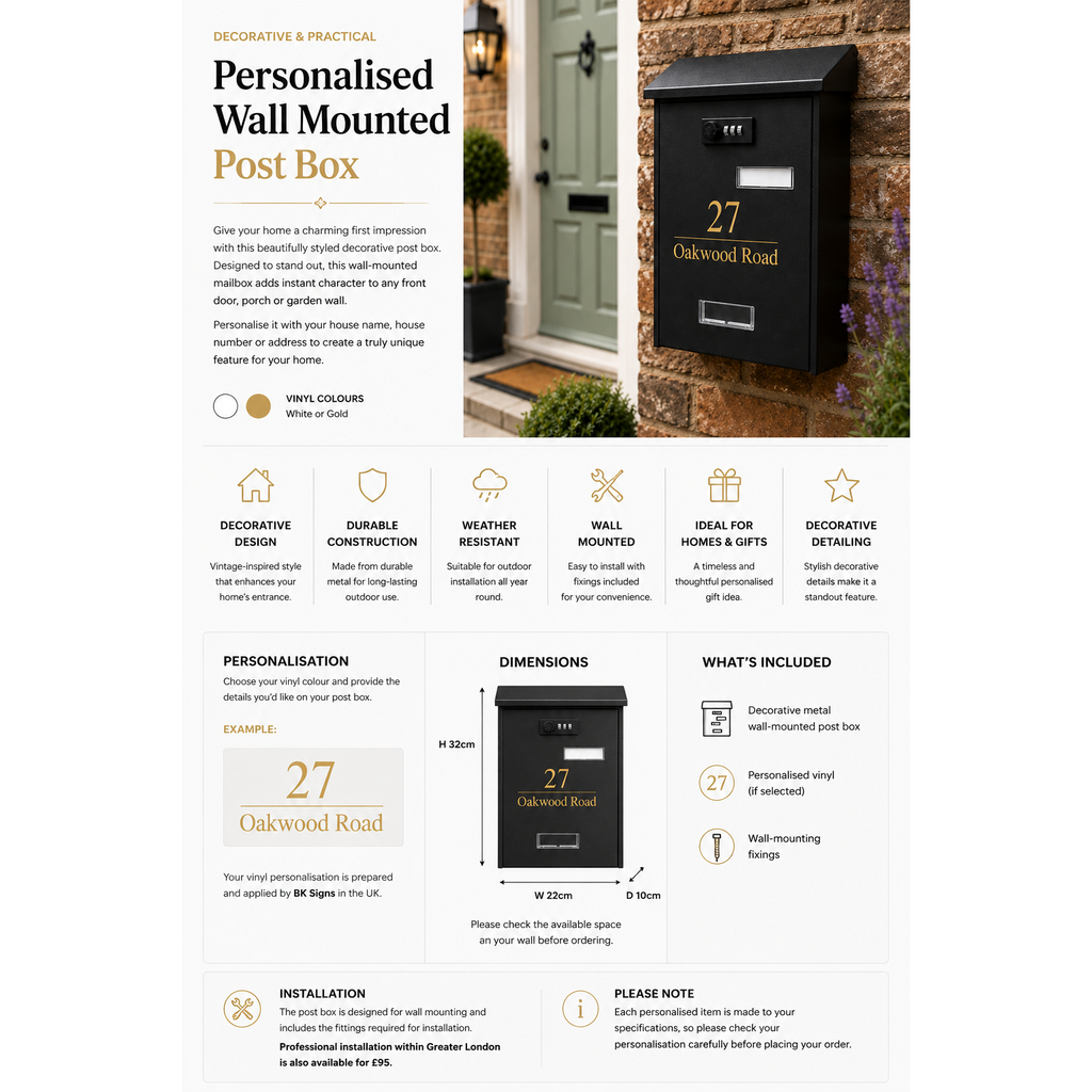 Wall Mounted Post Box | Personalised Address Mailbox | Modern Outdoor Letter Box