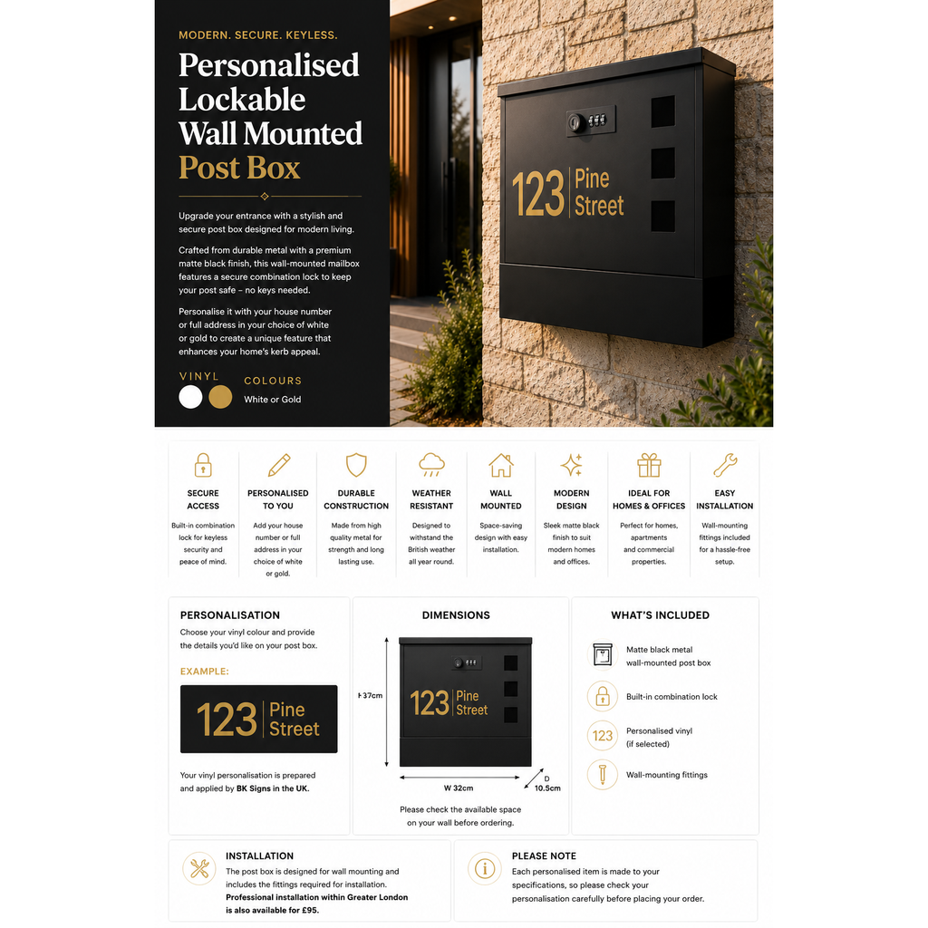 Personalised Metal Post Box | Secure Code Lock Mailbox | Modern Outdoor Mailbox