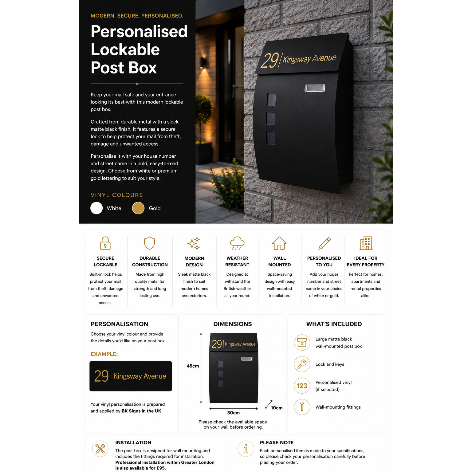 Large Lockable Mailbox | Wall Mounted Modern Black Post Box | Personalised Address Holder