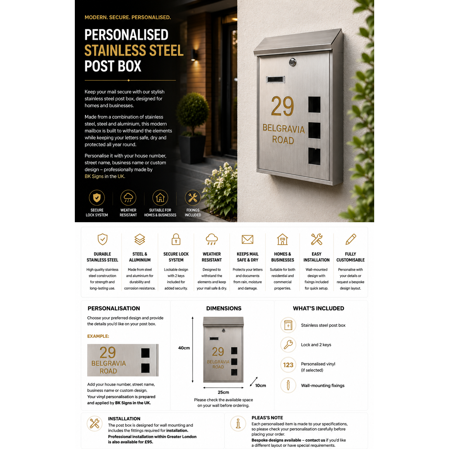 Personalised Stainless Steel Mailbox | Modern Custom Address Post Box