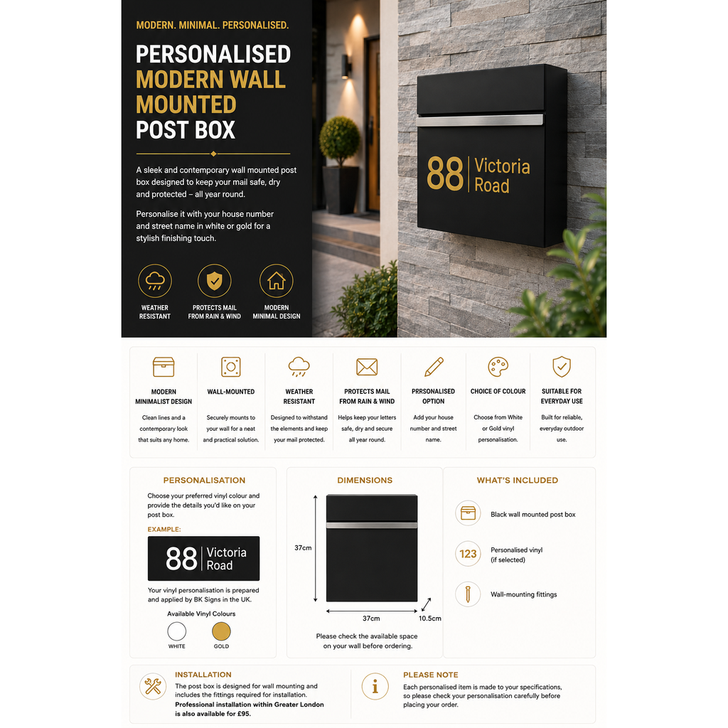 Personalised Address Post Box | Modern Minimal Letter Box | Outdoor Black Mail Holder