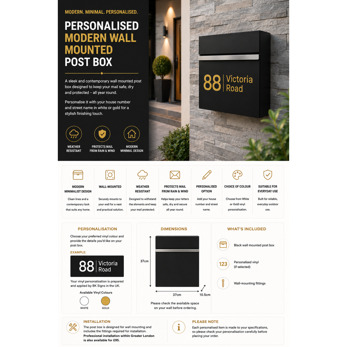 Personalised Address Post Box | Modern Minimal Letter Box | Outdoor Black Mail Holder