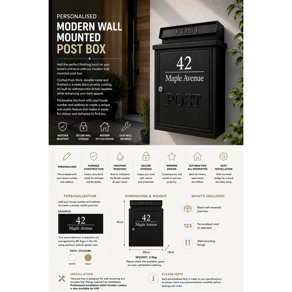 Personalised Wall Mounted Post Box | Black or White Powder-Coated Metal Mailbox for Exterior & Door