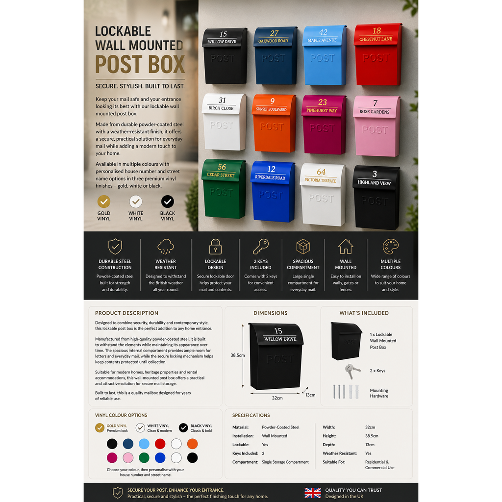 Lockable Wall Mounted Post Box | Secure Steel Letterbox | Multiple Colours