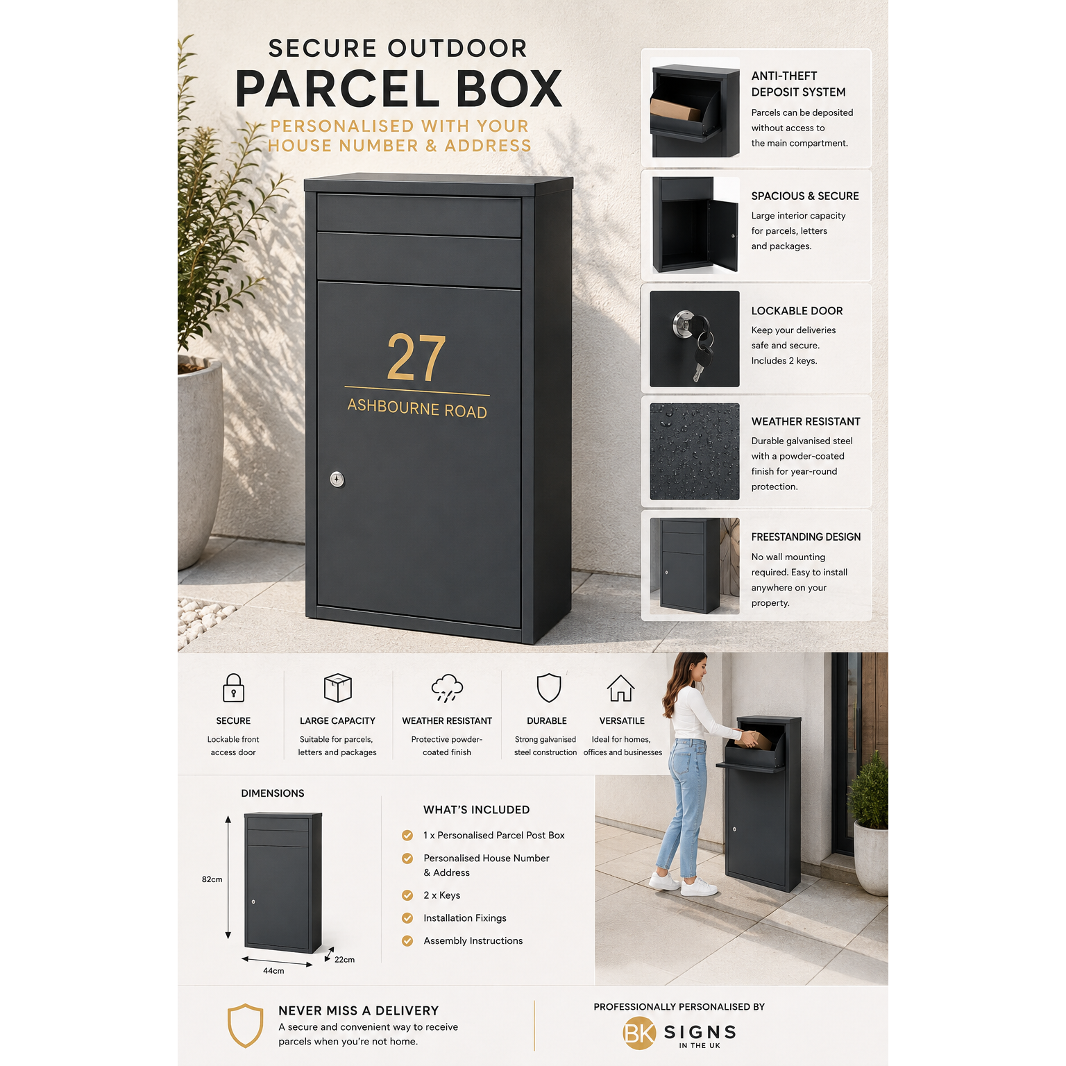 Large Personalised Lockable Parcel Post Box | Freestanding Secure Delivery Box | Anthracite Grey