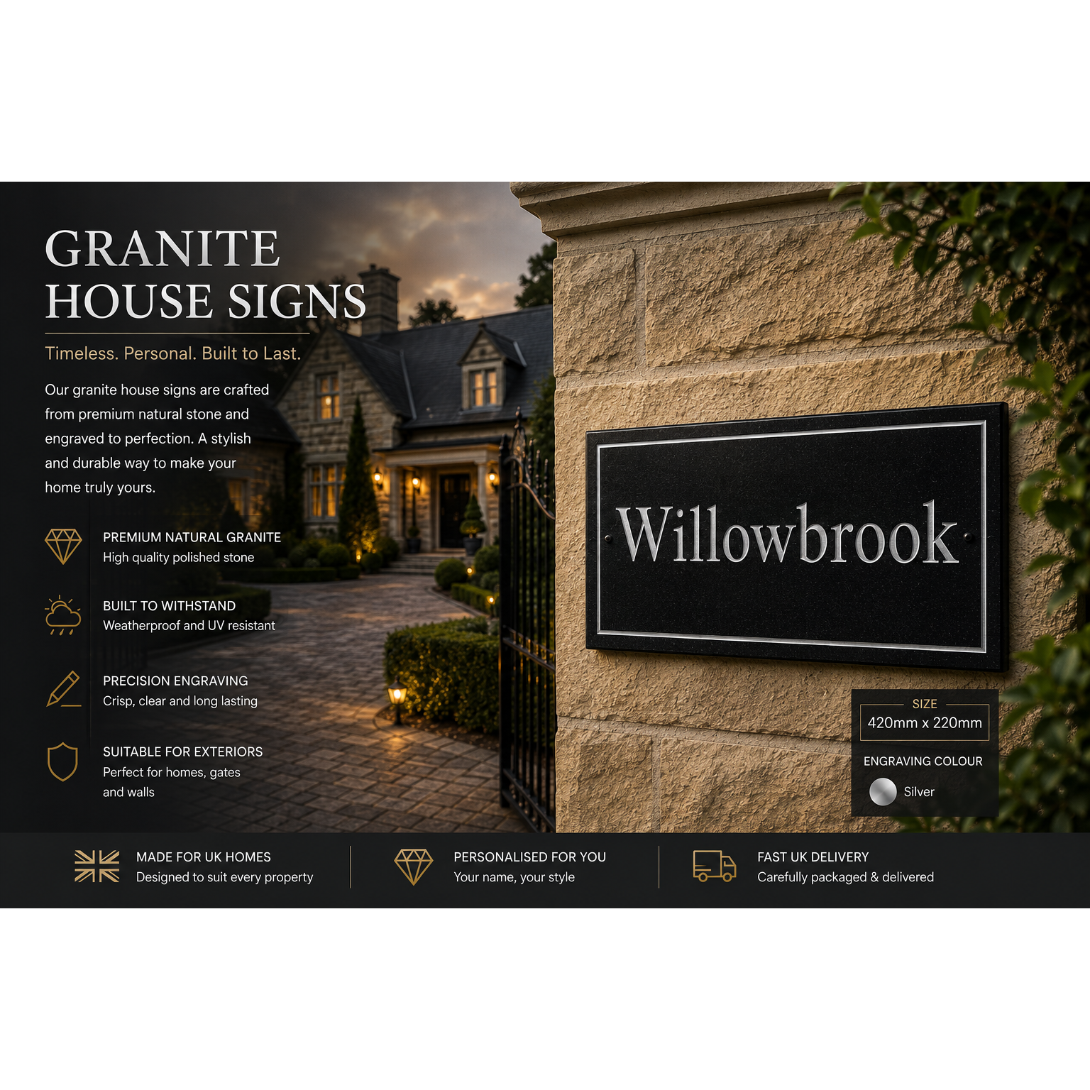 Personalised Black Granite Sign 420mm x 220mm