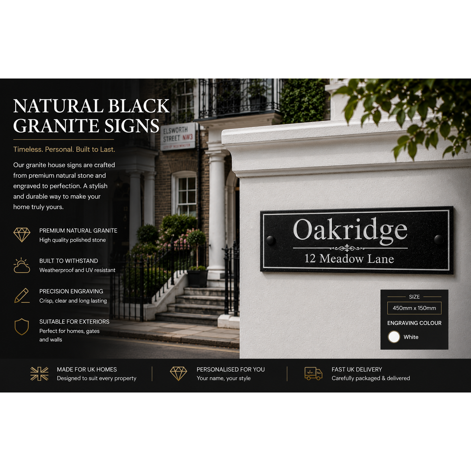 Personalised Black Granite Sign 450mm x 150mm