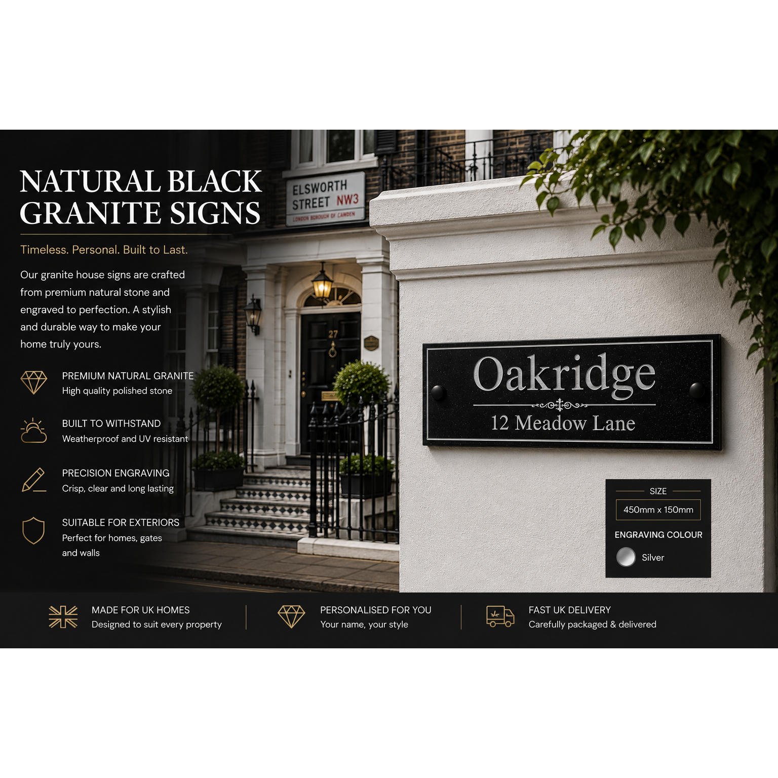 Personalised Black Granite Sign 450mm x 150mm