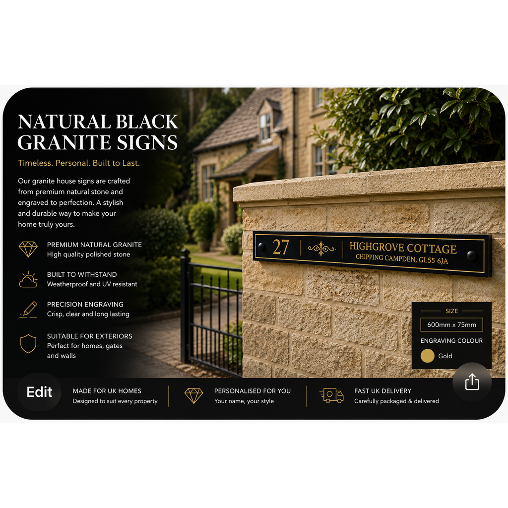 Personalised Black Granite Sign 600mm x 75mm