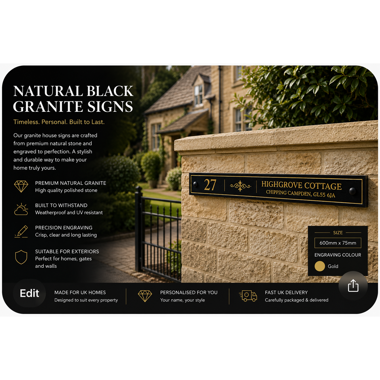 Personalised Black Granite Sign 600mm x 75mm