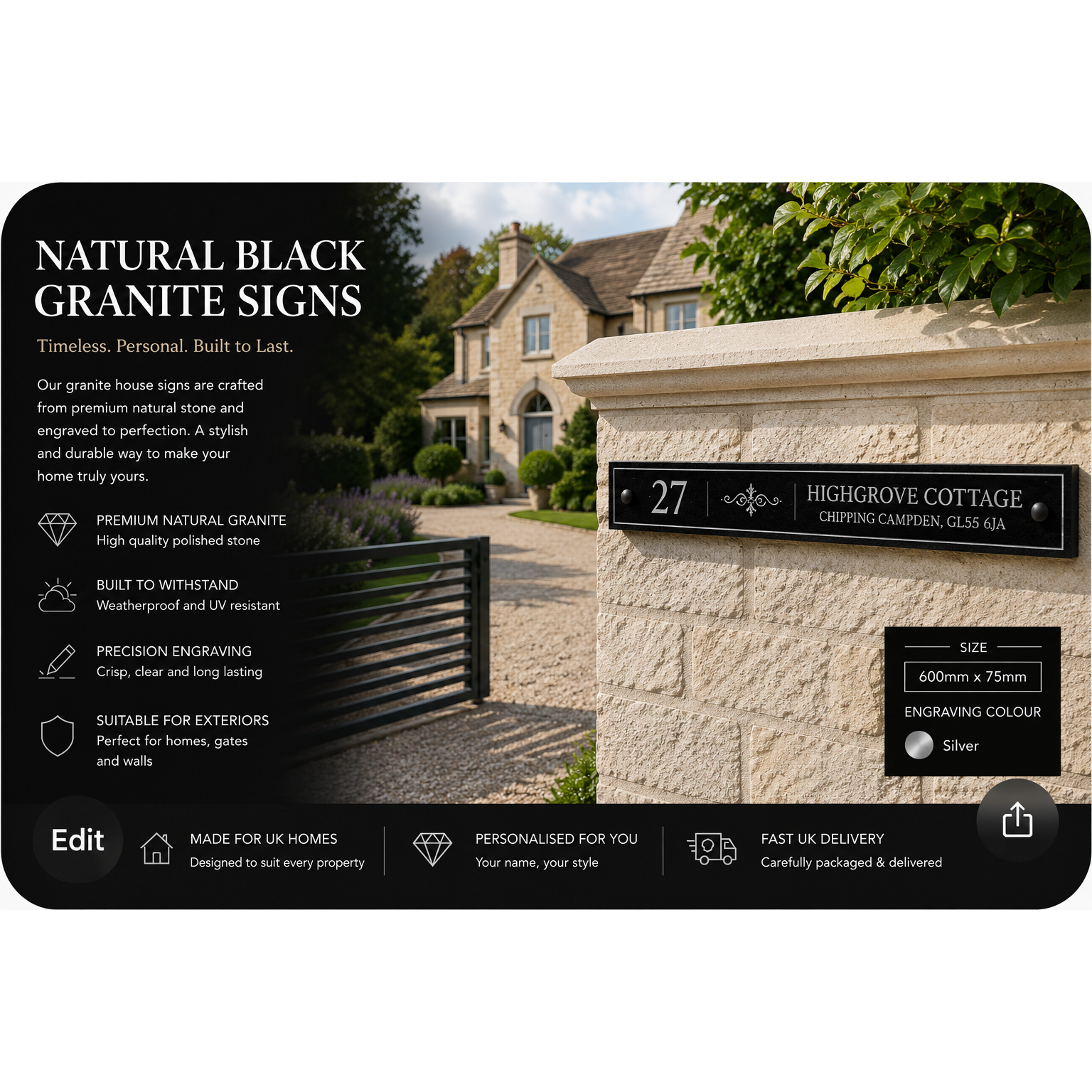 Personalised Black Granite Sign 600mm x 75mm