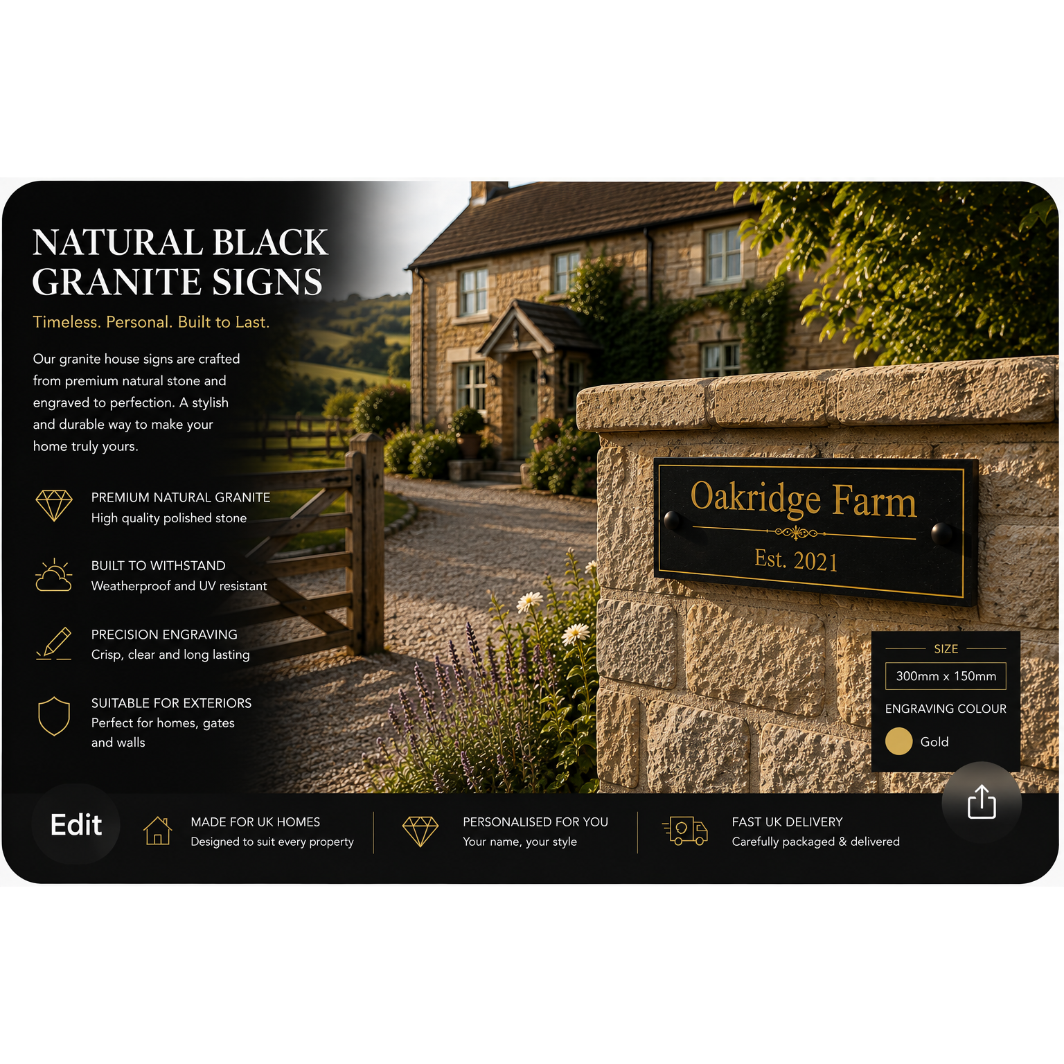 Personalised Black Granite Sign 300mm x 150mm