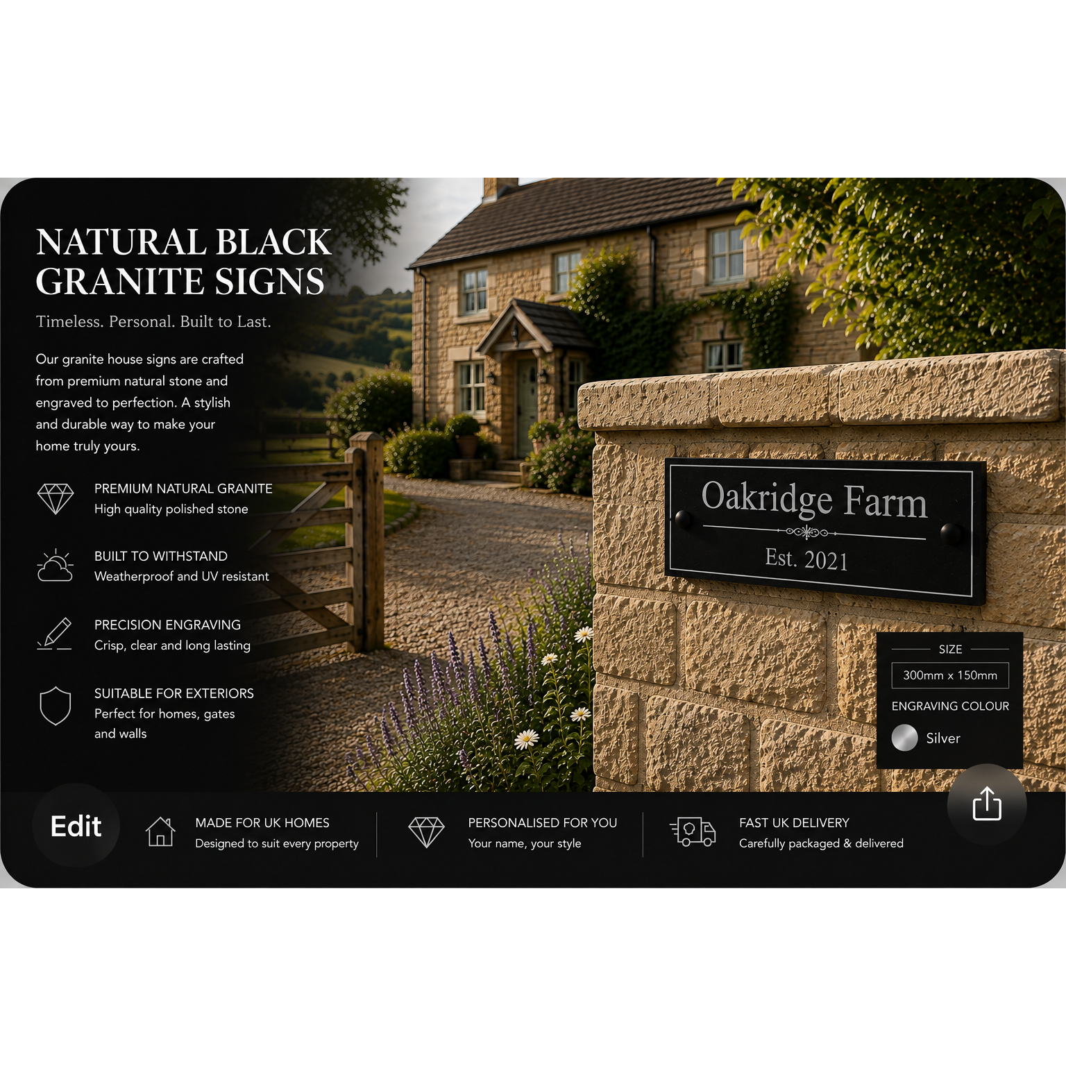 Personalised Black Granite Sign 300mm x 150mm