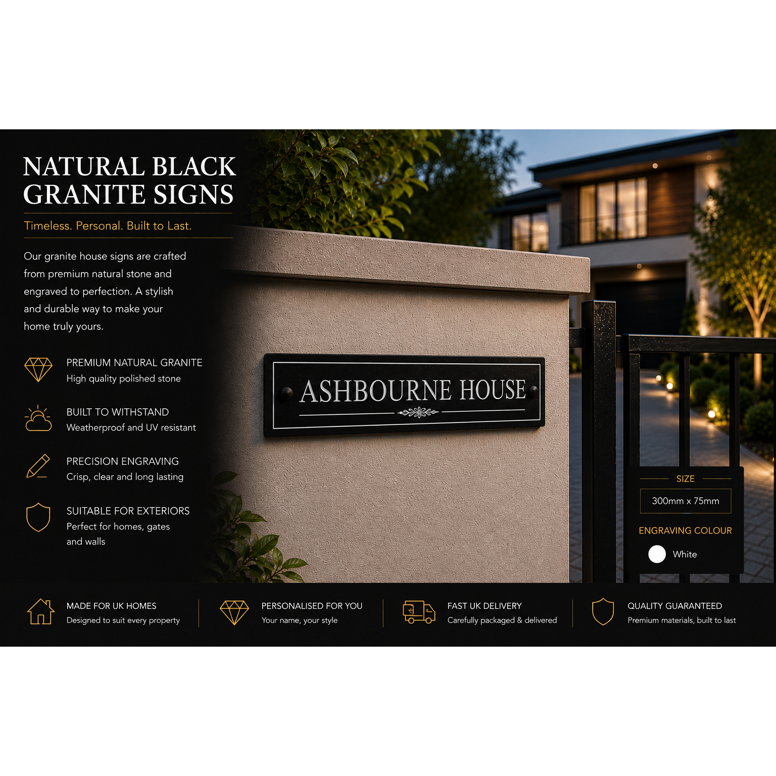 Personalised Black Granite Sign 300mm x 75mm