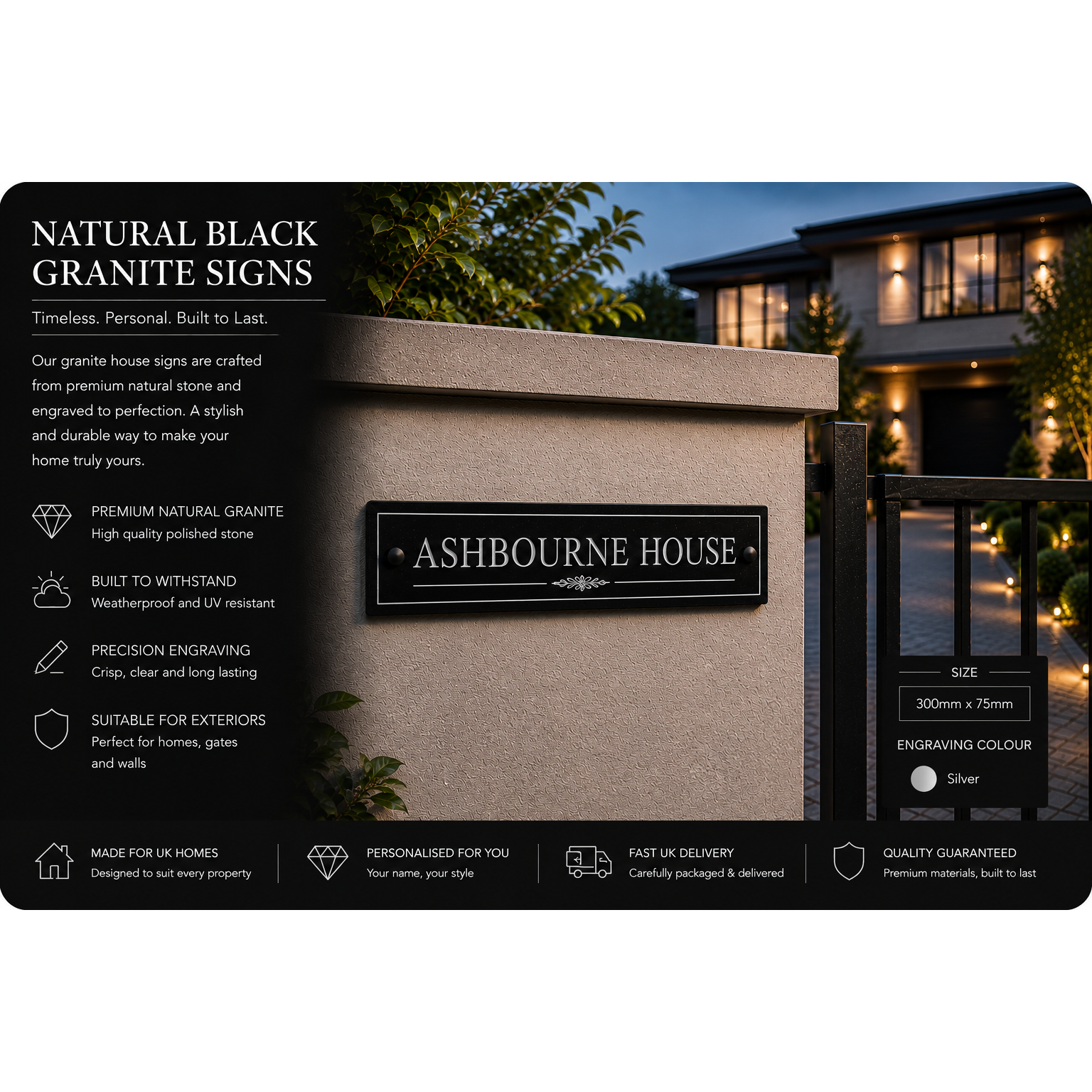 Personalised Black Granite Sign 300mm x 75mm