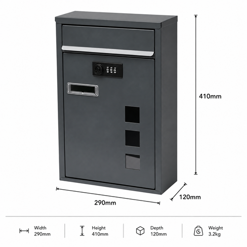 Modern Anthracite Grey Wall Mounted Mailbox with Combination Lock | Personalised Secure Post Box