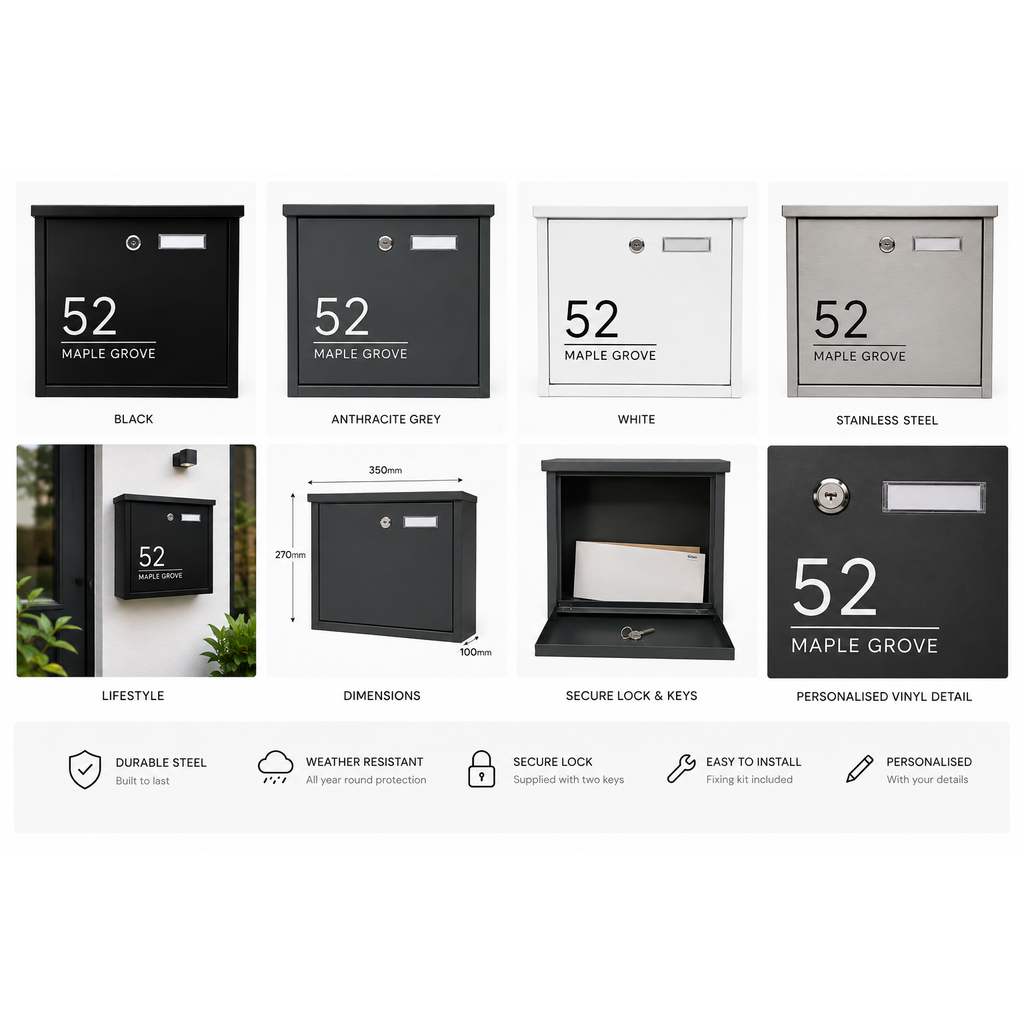 Personalised Wall Mounted Post Box | Modern Lockable Mailbox | Multiple Colours