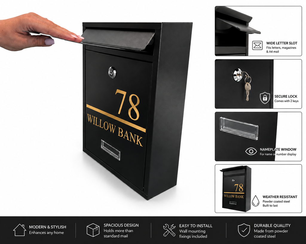 Personalised Black Steel Wall Mounted Post Box