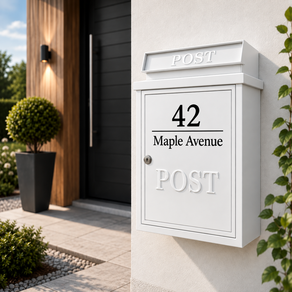 Personalised Wall Mounted Post Box | Black or White Powder-Coated Metal Mailbox for Exterior & Door