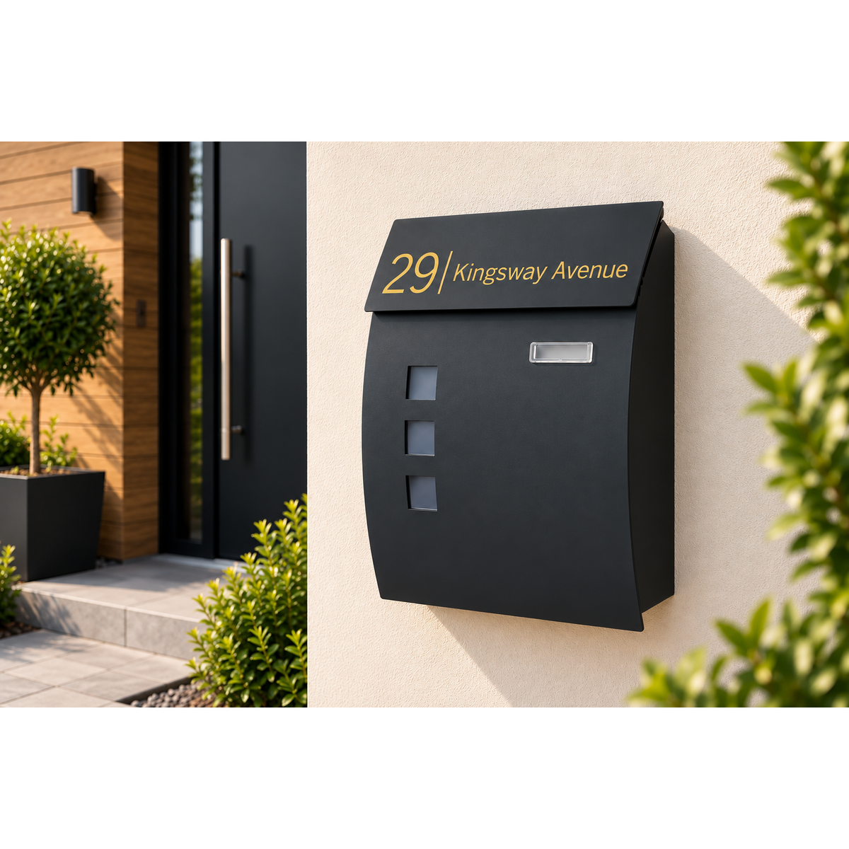Large Lockable Mailbox | Wall Mounted Modern Black Post Box | Personalised Address Holder