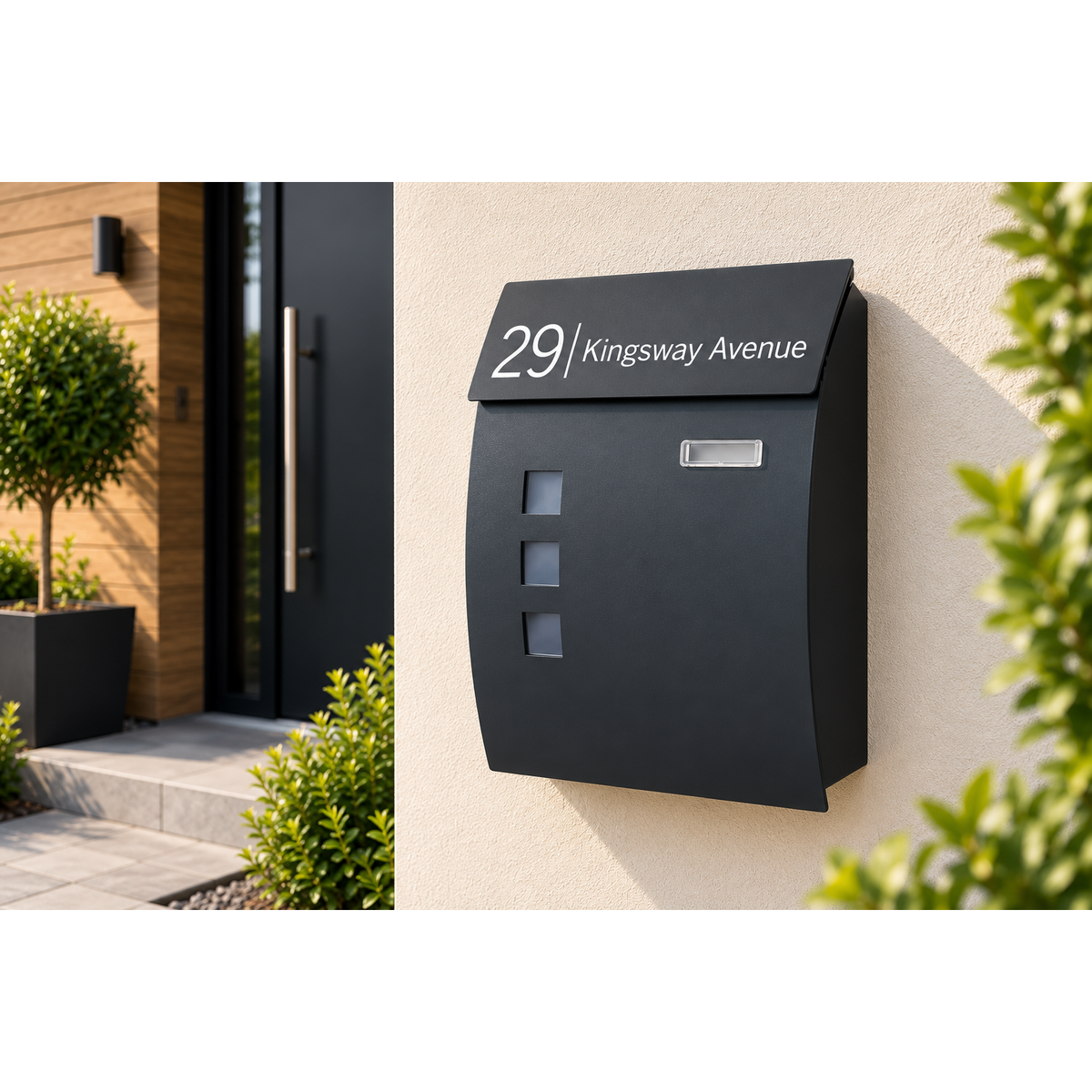 Large Lockable Mailbox | Wall Mounted Modern Black Post Box | Personalised Address Holder