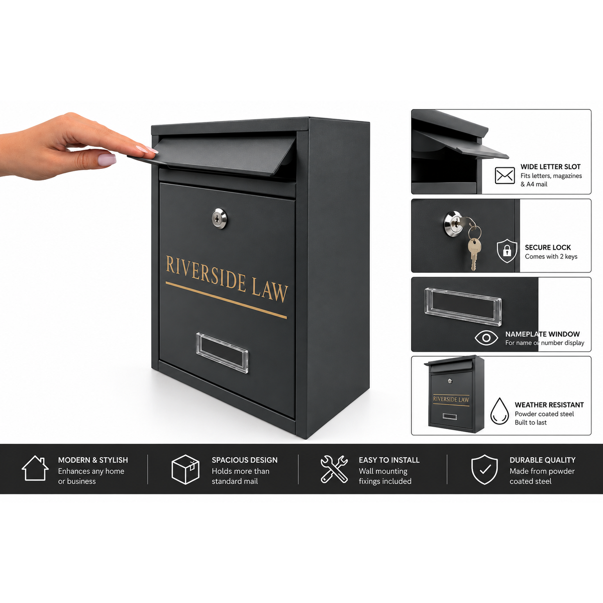 Personalised Anthracite Grey Steel Wall Mounted Post Box