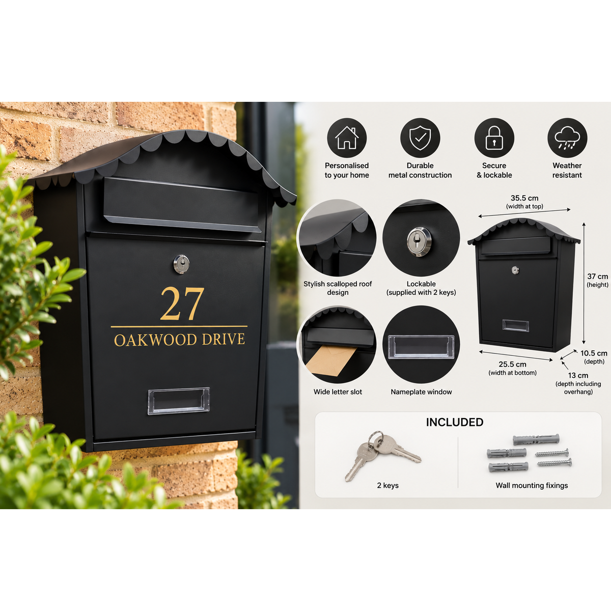 Personalised Black Metal Wall Mounted Post Box – Outdoor Letterbox