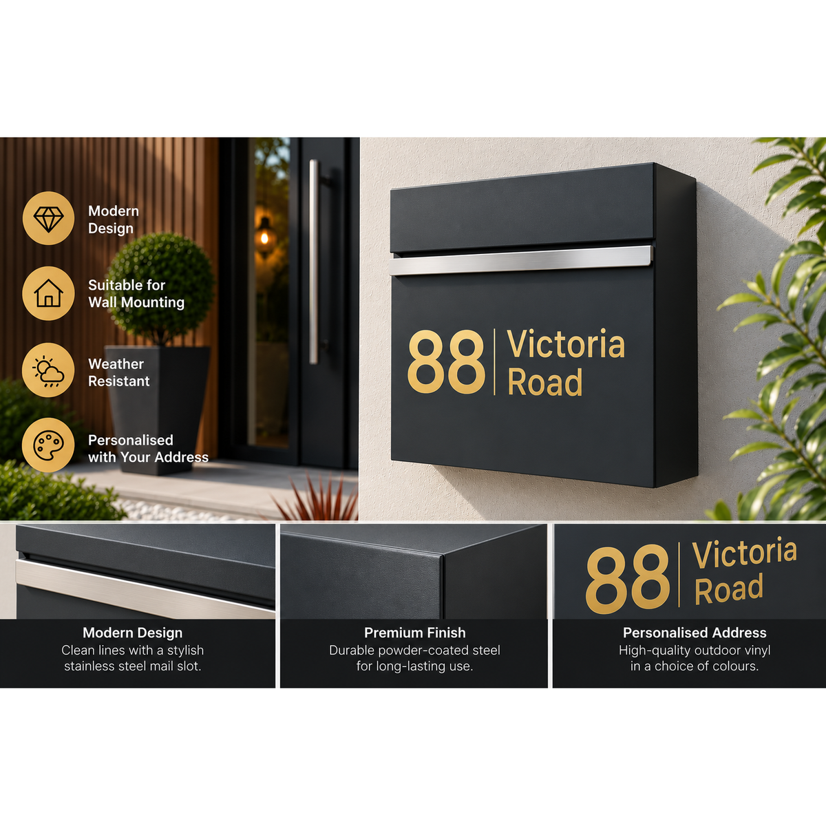 Personalised Modern Wall-Mounted Post Box | Black or Anthracite Grey