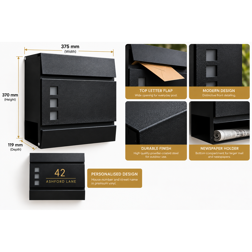Personalised Black Wall-Mounted Post Box | Modern Lockable Letterbox