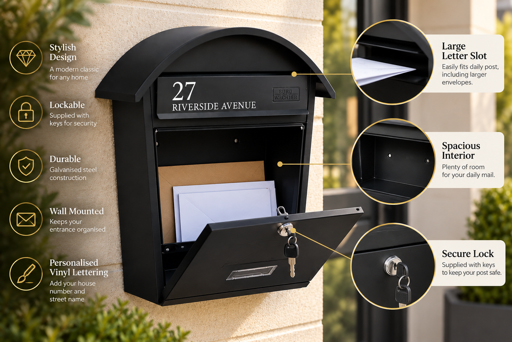 Personalised Matt Black Classic 2 Post Box Wall Mounted Lockable Mailbox